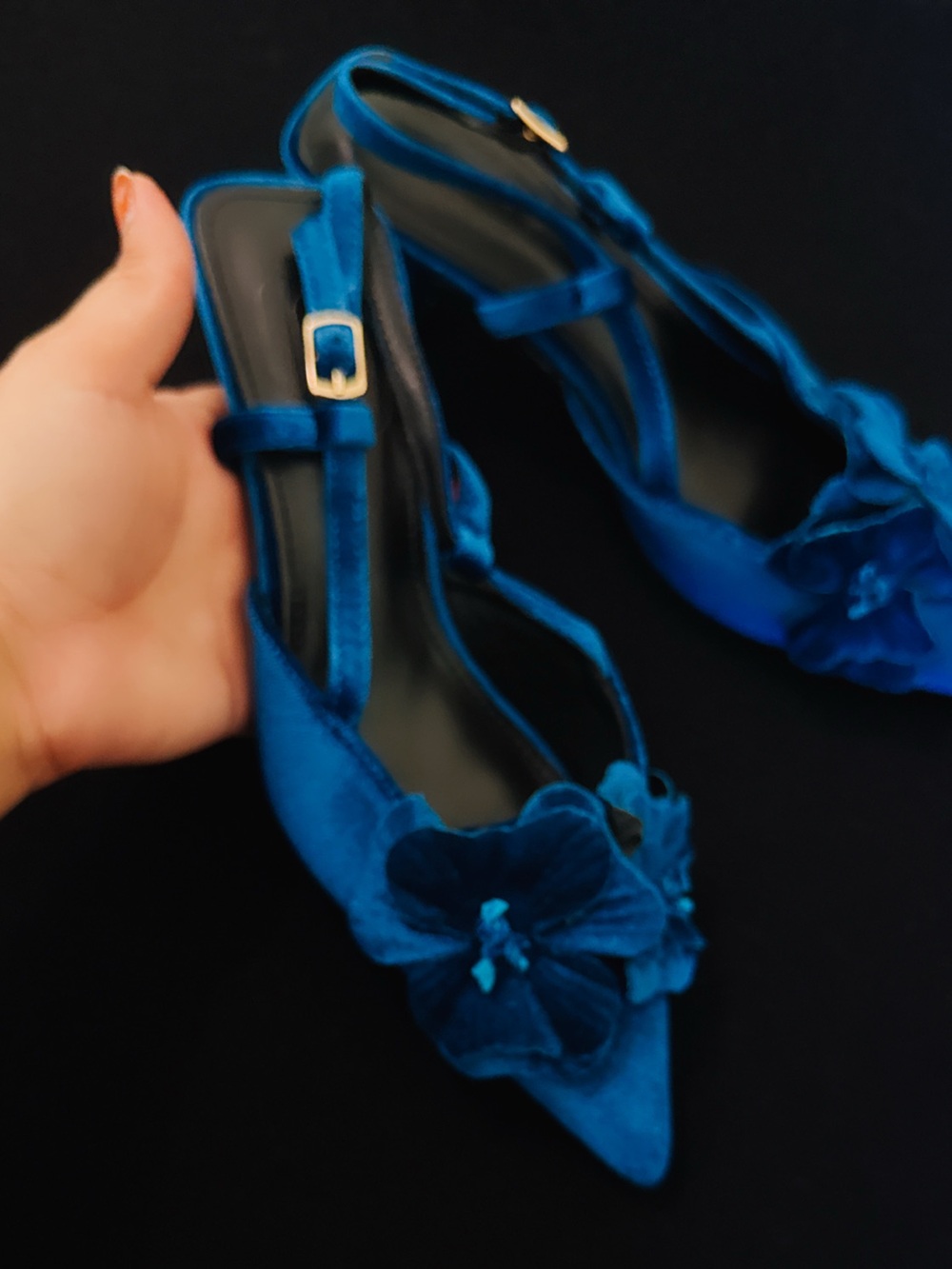& Other Stories Teal-Blue Pointed Slingback Heels with Floral Applique